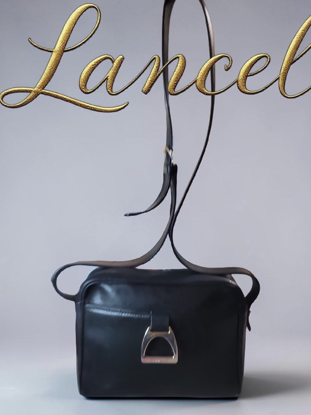 LANCEL Black VTG Leather Crossbody Bag with Signature Stirrup Detail In EUC